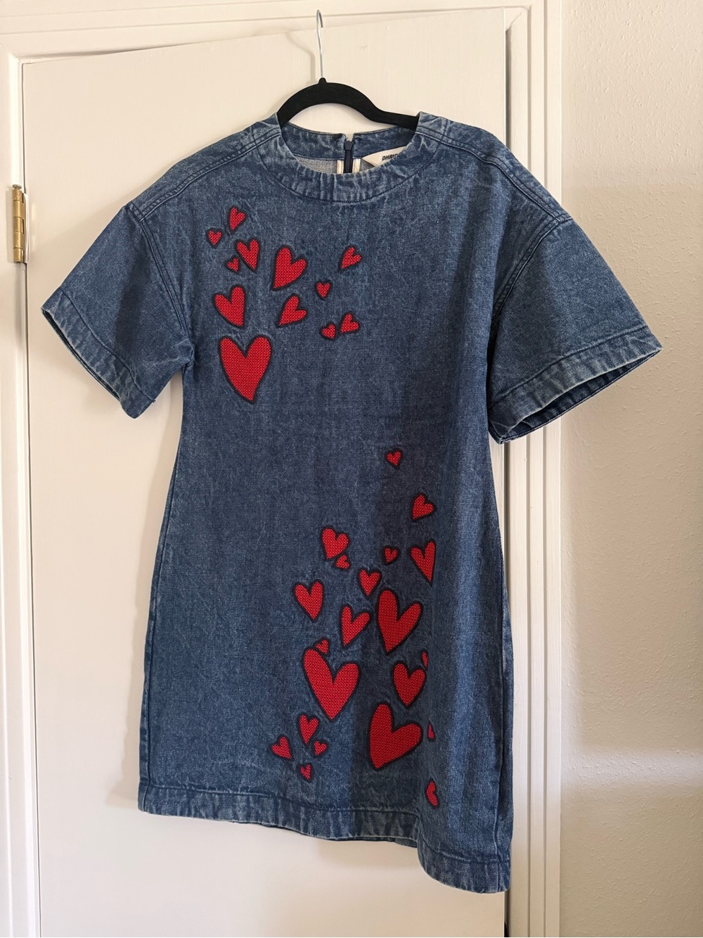 Denim Mini Dress with Red Heart Appliqué